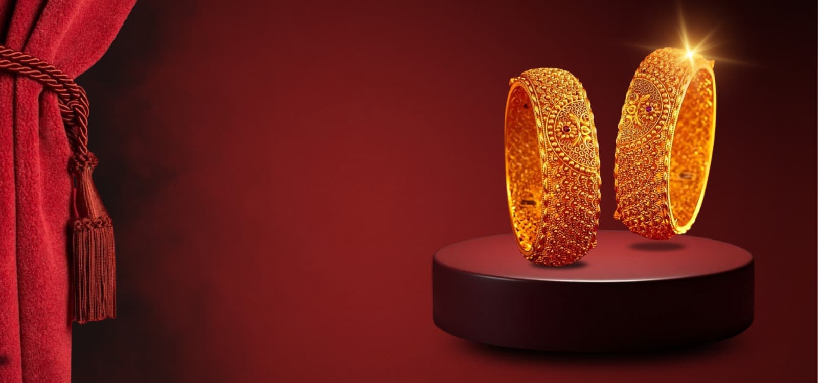Gold bangles on red premium background
