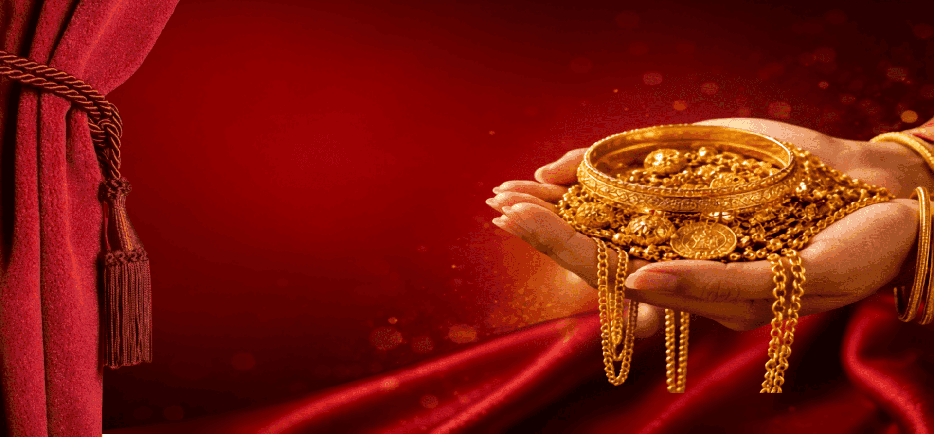 Gold jewellery set on red premium background