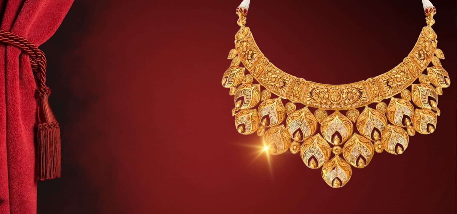 Gold necklace on red premium background