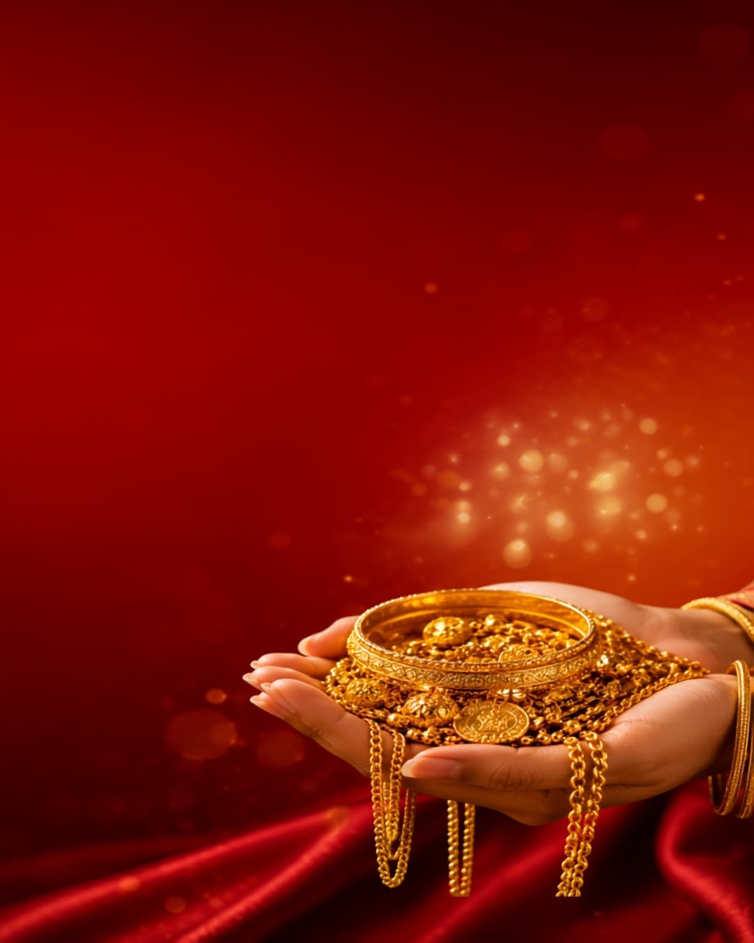 Gold jewellery set on red premium background