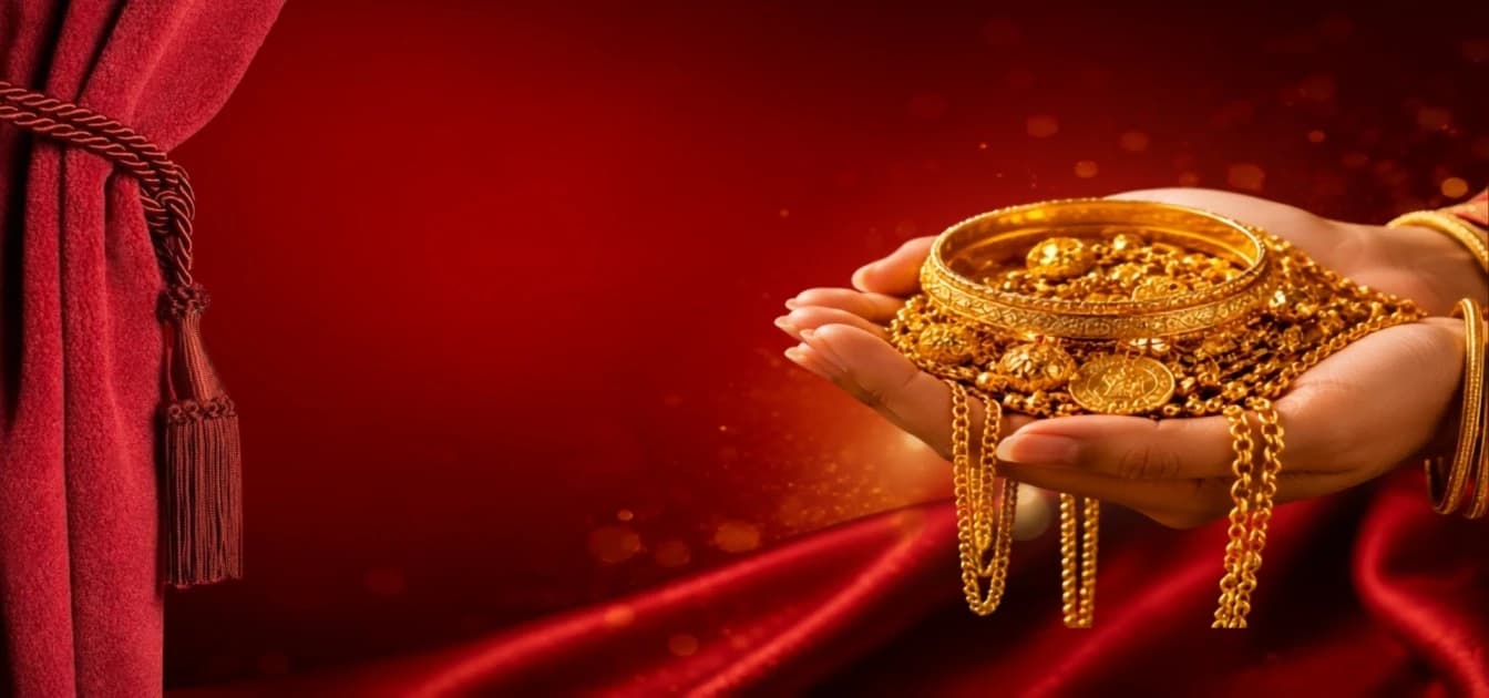 Gold jewellery set on red premium background